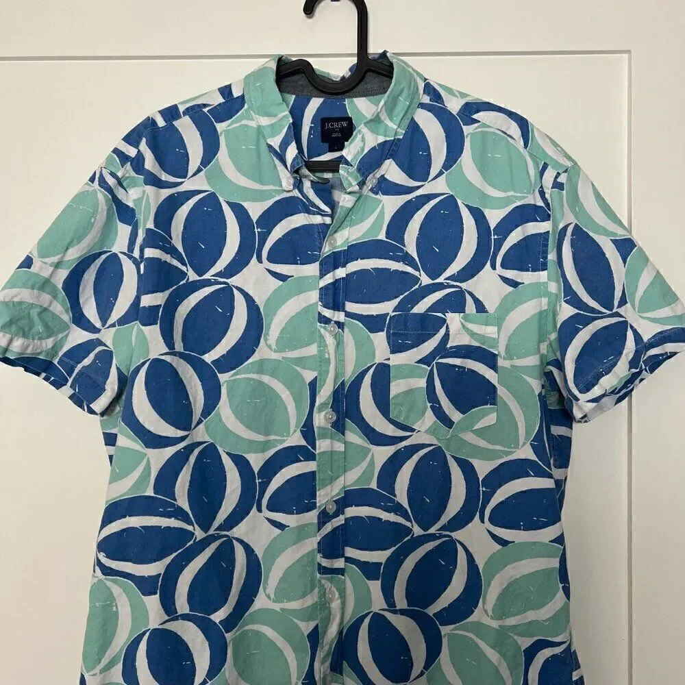 J. Crew Mens Shirt Large Blue Green Beachball Hawaiian Coastal Aloha Casual